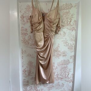 Oh Polly tan satin wrap mini dress